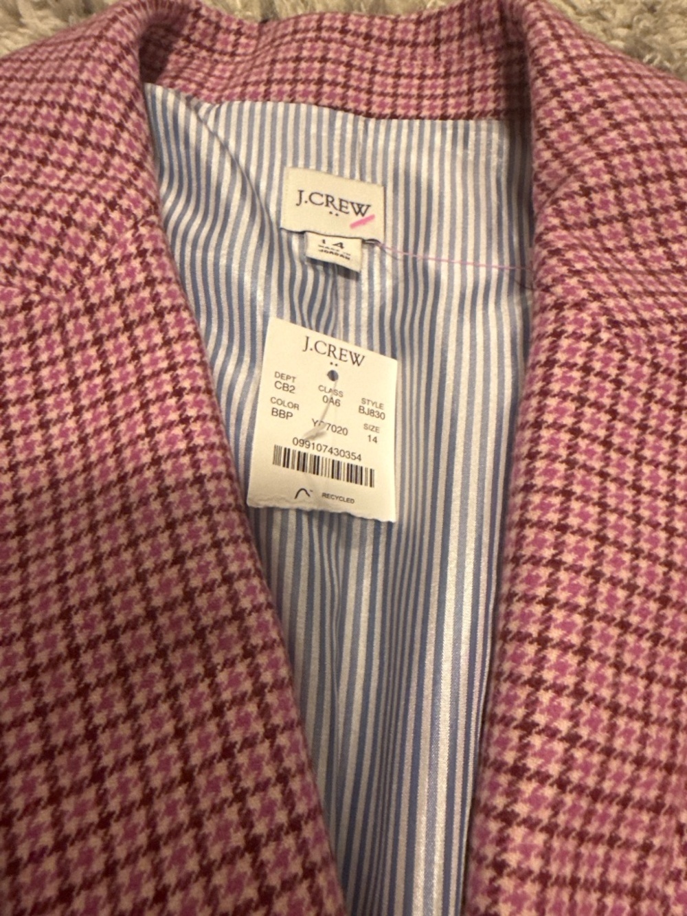 J.Crew Pink Houndstooth Wool Blend Holland Blazer Jacket Size 14 - Picture 4 of 4